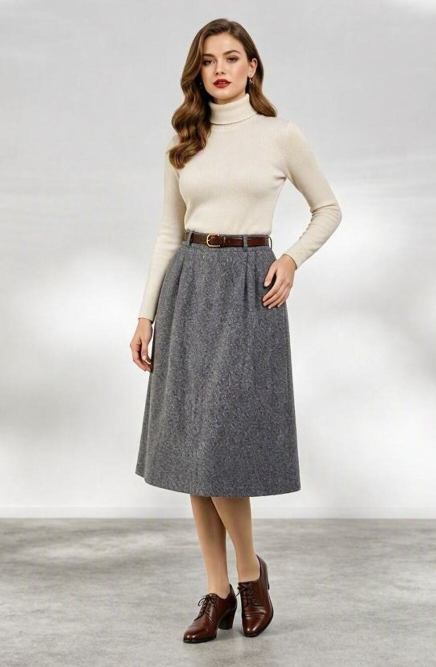 Vintage Women's Gray Wool Blend Midi Skirt USA Made Heritage Old Money Academia